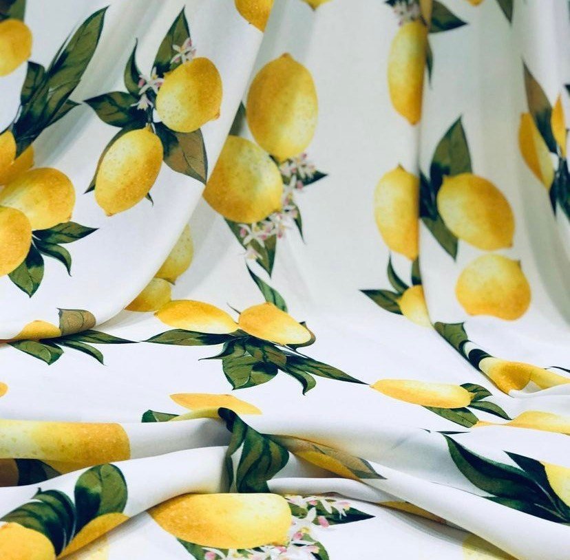 Lemon Pattern Silky Crepe Fabric, White yellow Fabric and half yard - Whotex