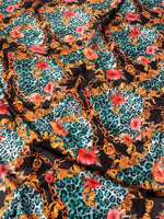Leopard Print Fabric with Gold Chains and Floral Accents – Bold & Exotic Design - Whotex Online Fabric Store