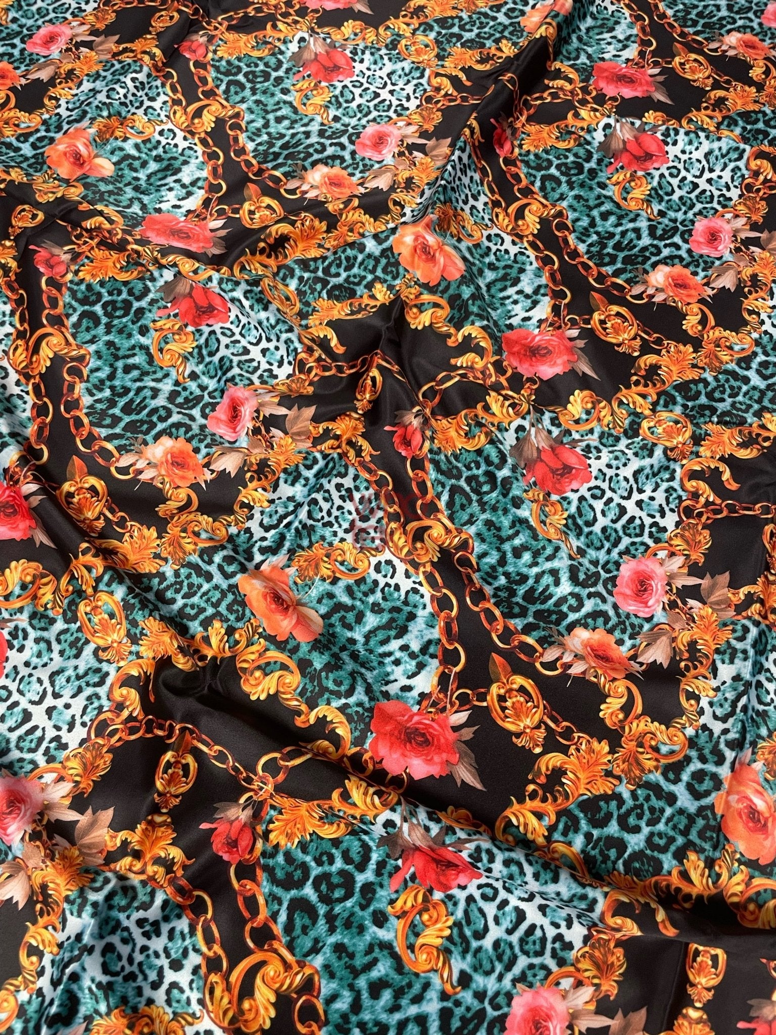 Leopard Print Fabric with Gold Chains and Floral Accents – Bold & Exotic Design - Whotex Online Fabric Store