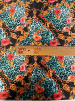 Leopard Print Fabric with Gold Chains and Floral Accents – Bold & Exotic Design - Whotex Online Fabric Store