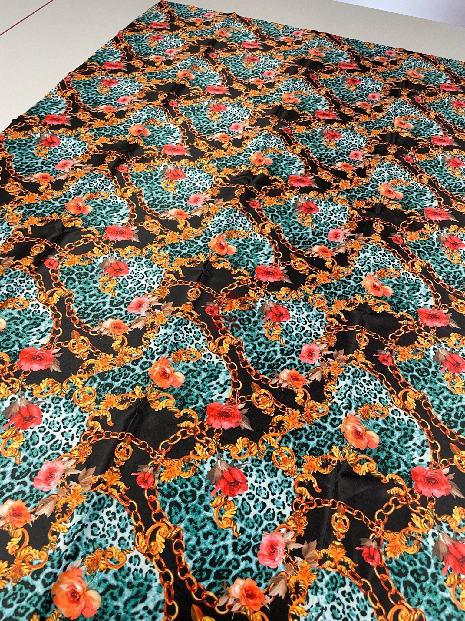 Leopard Print Fabric with Gold Chains and Floral Accents – Bold & Exotic Design - Whotex Online Fabric Store