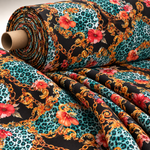 Leopard Print Fabric with Gold Chains and Floral Accentsn Fabric by Metre - Whotex Fabrics London