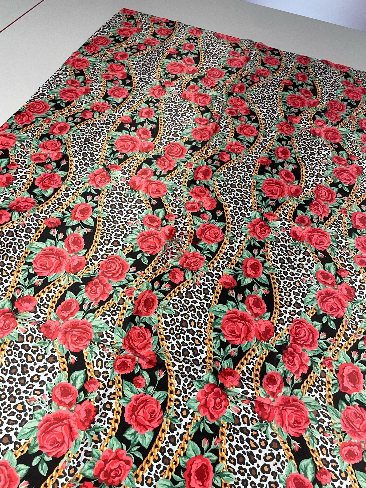 Leopard Print Fabric with Red Roses and Gold Chains - Whotex Online Fabric Store