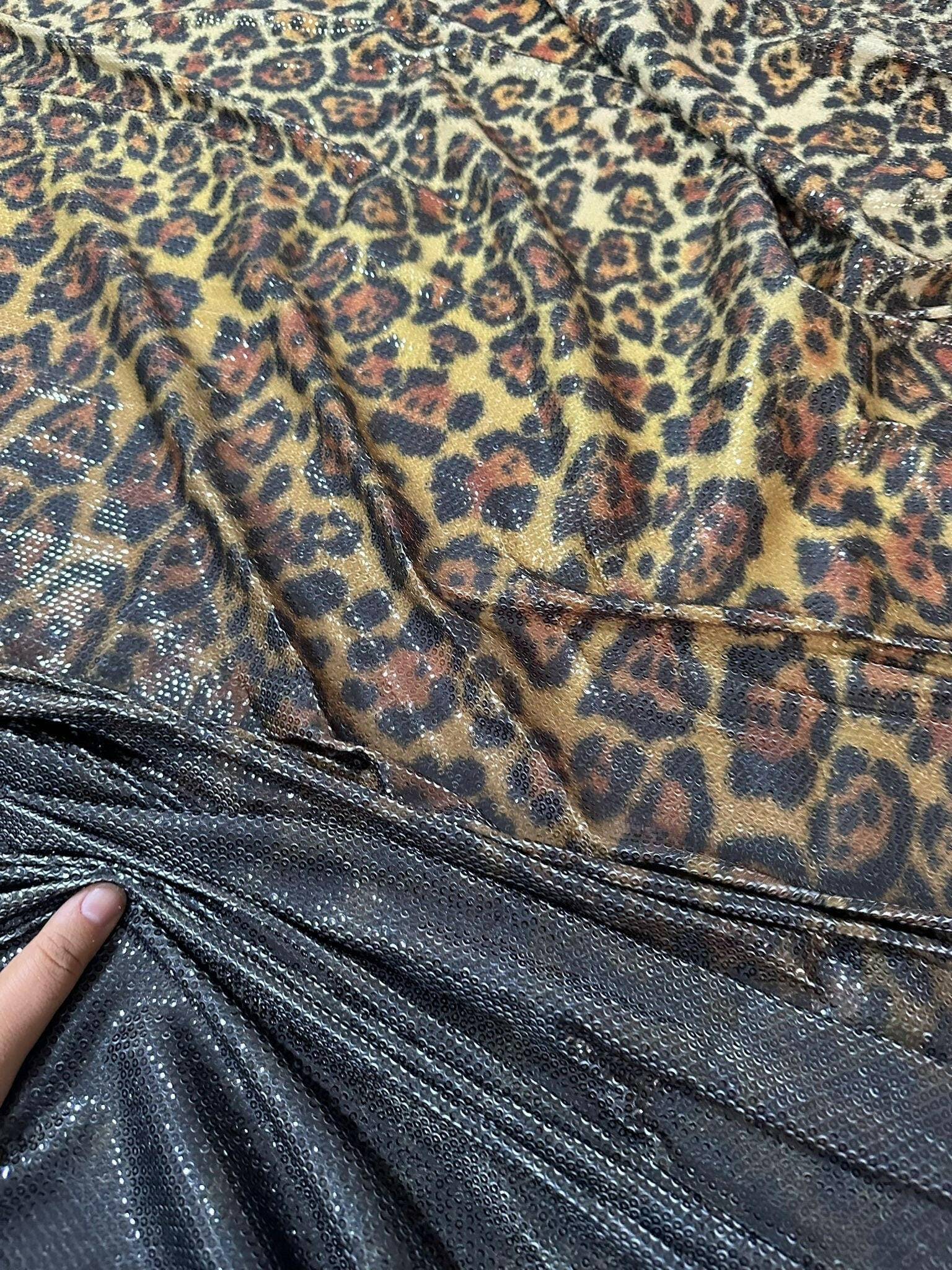 Leopard Print Sequin Fabric, 2 - way stretch Sequin Fabric, exotic animal Pattern Fabric, - Whotex