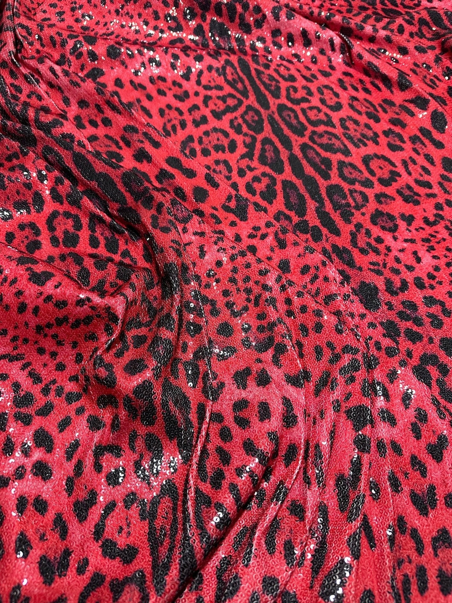 Leopard Print Sequin Fabric, 2 - way stretch Sequin Fabric, Red exotic animal Pattern Fabric, - Whotex