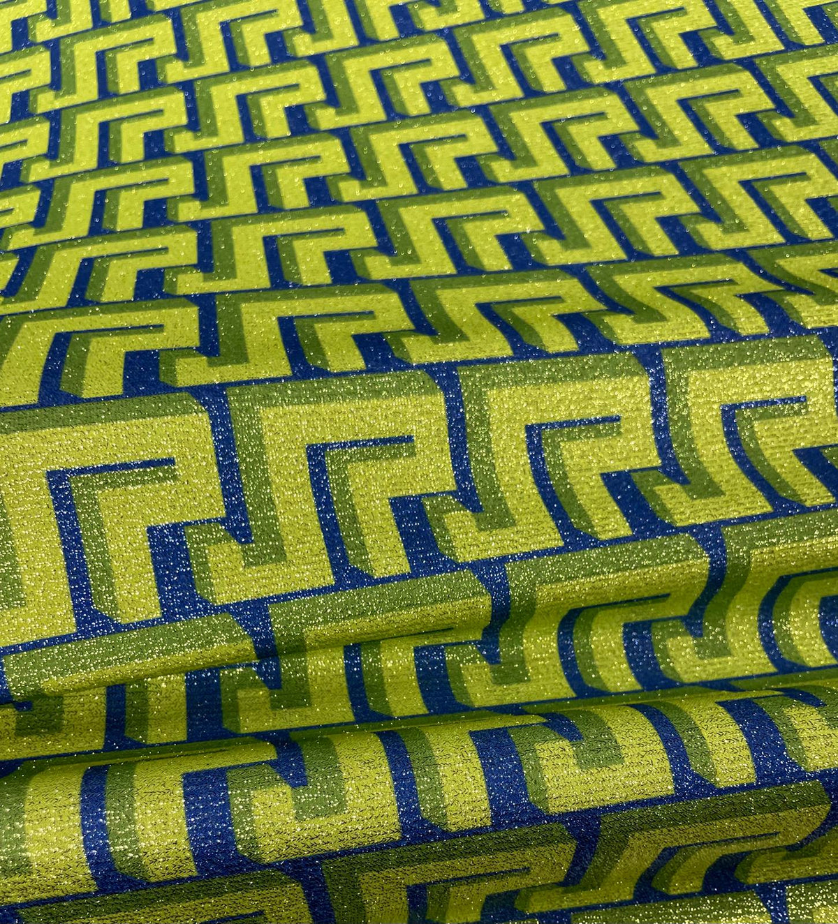 Lime Blue Geometric Lurex Fabric by the Metre - Whotex Fabrics London