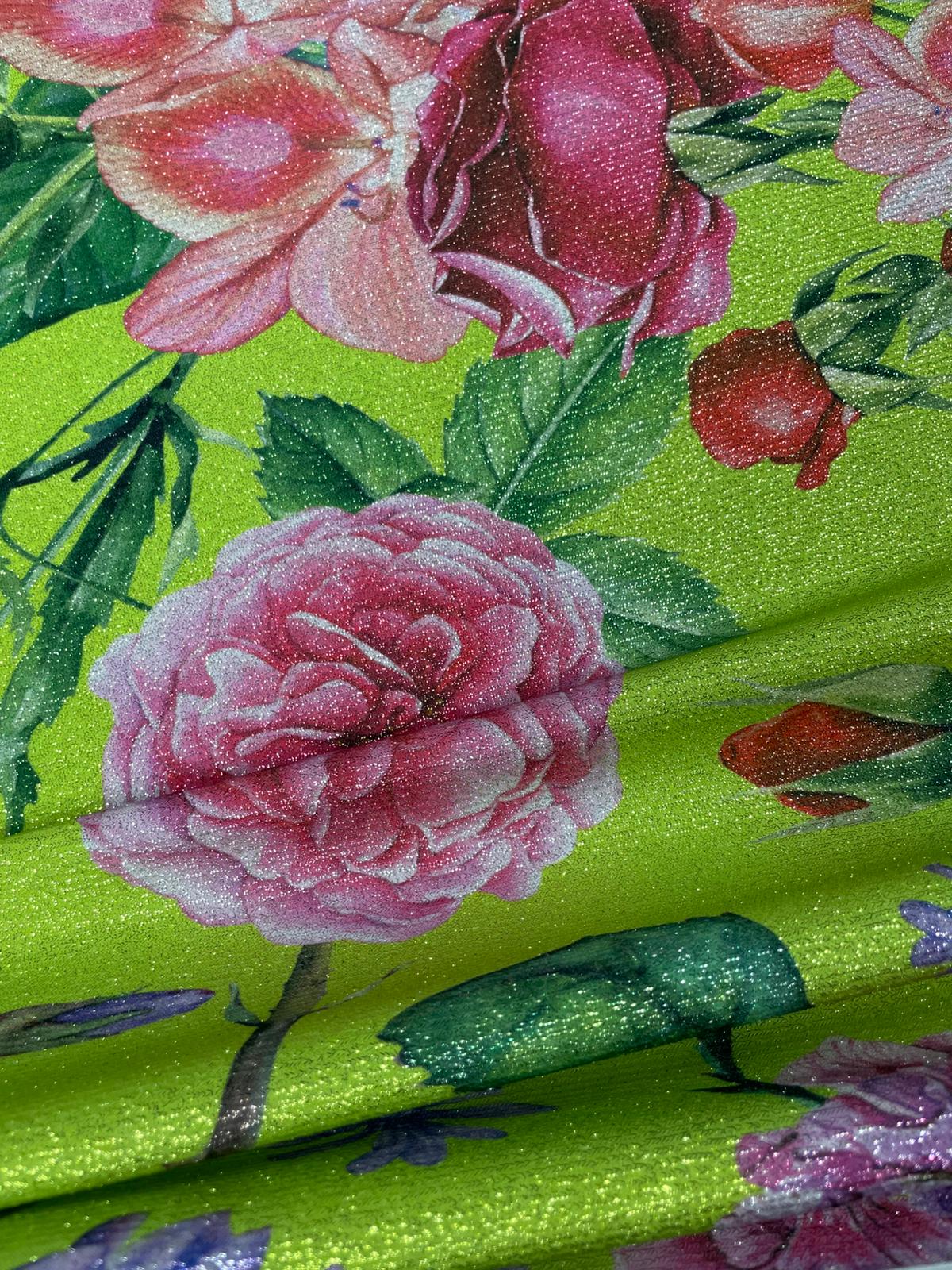 Lime Floral Lurex Fabric by the Metre - Whotex Fabrics London