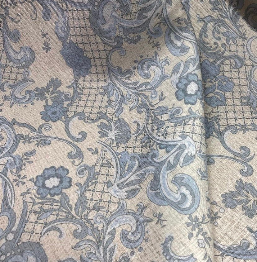 Linen fabric, Baby Blue Baroque Flowers Print Fabric, Clothing products, Luxury Fabric, - Whotex