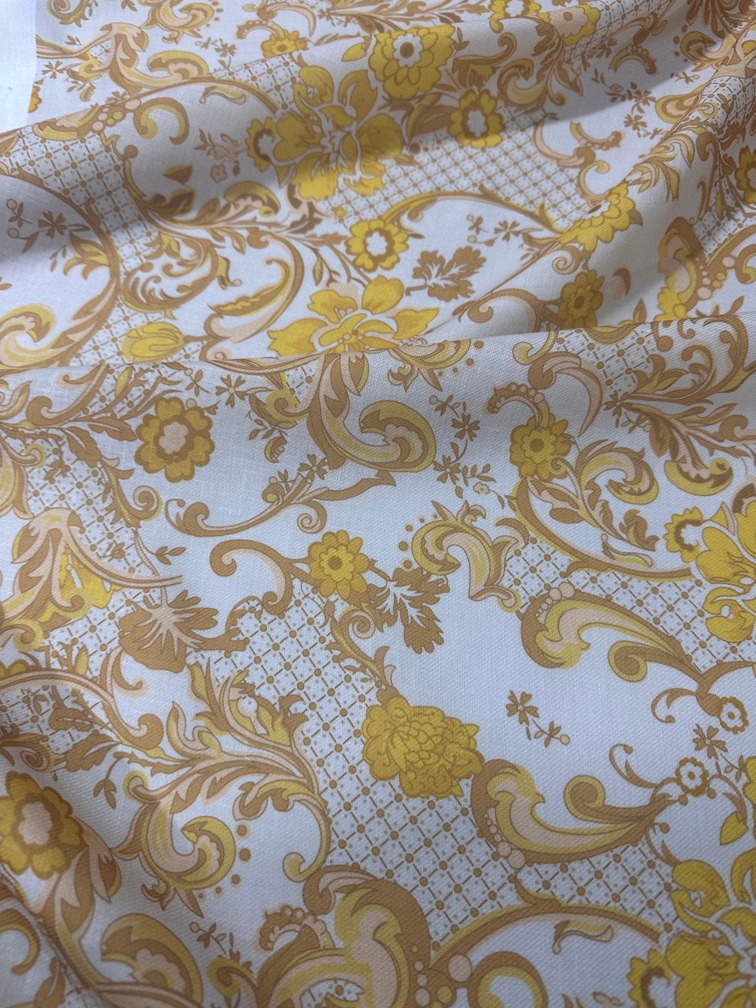 Linen fabric, Yellow Baroque Flowers Print Fabric, Clothing products, Luxury Fabric, - Whotex