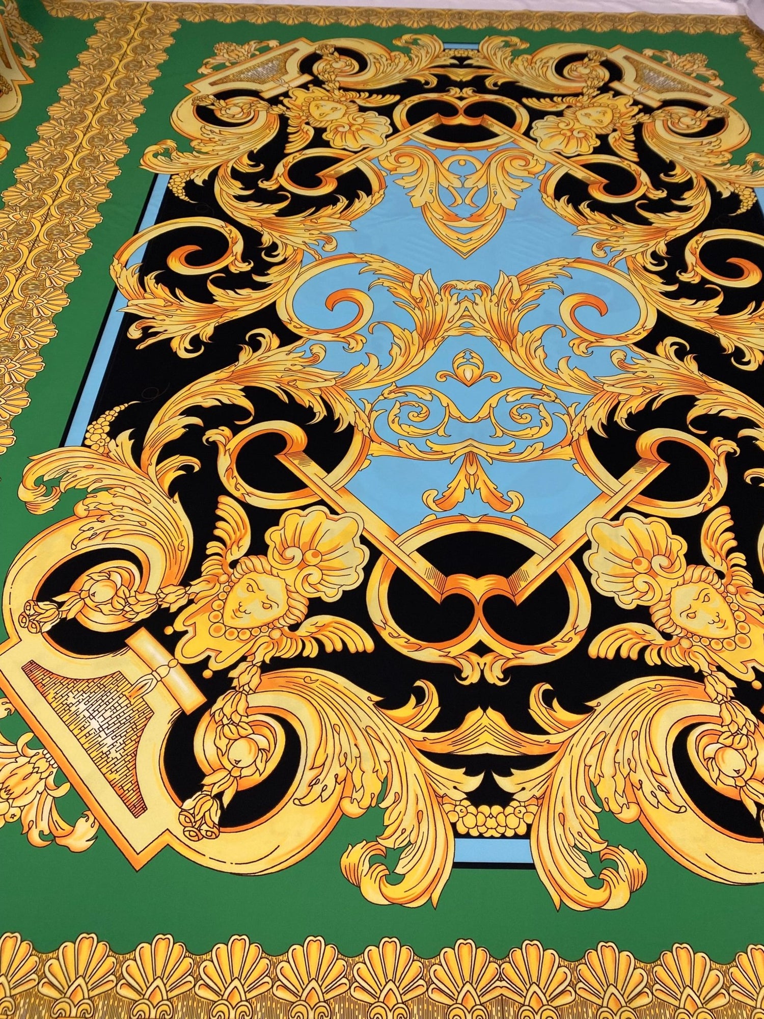 Luxury Baroque Crepe Fabric by the Metre – Black Gold & Green Ornate - Whotex Online Fabric Store