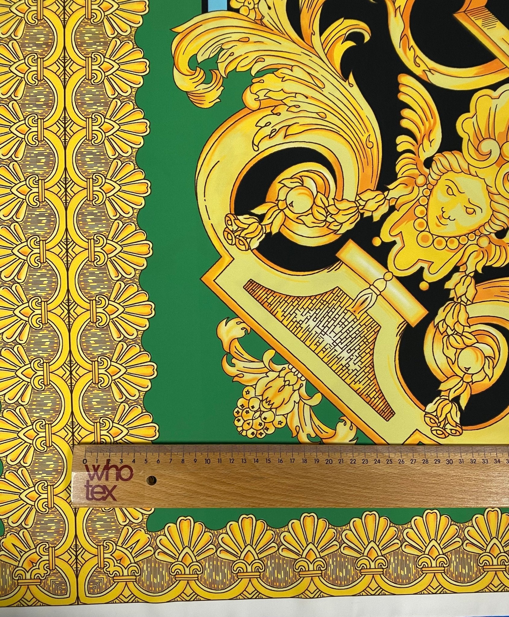 Luxury Baroque Crepe Fabric by the Metre – Black Gold & Green Ornate - Whotex Online Fabric Store