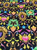 Luxury Baroque Fabri, Vibrant Ornate Floral & Heart Pattern on Black - Whotex Online Fabric Store