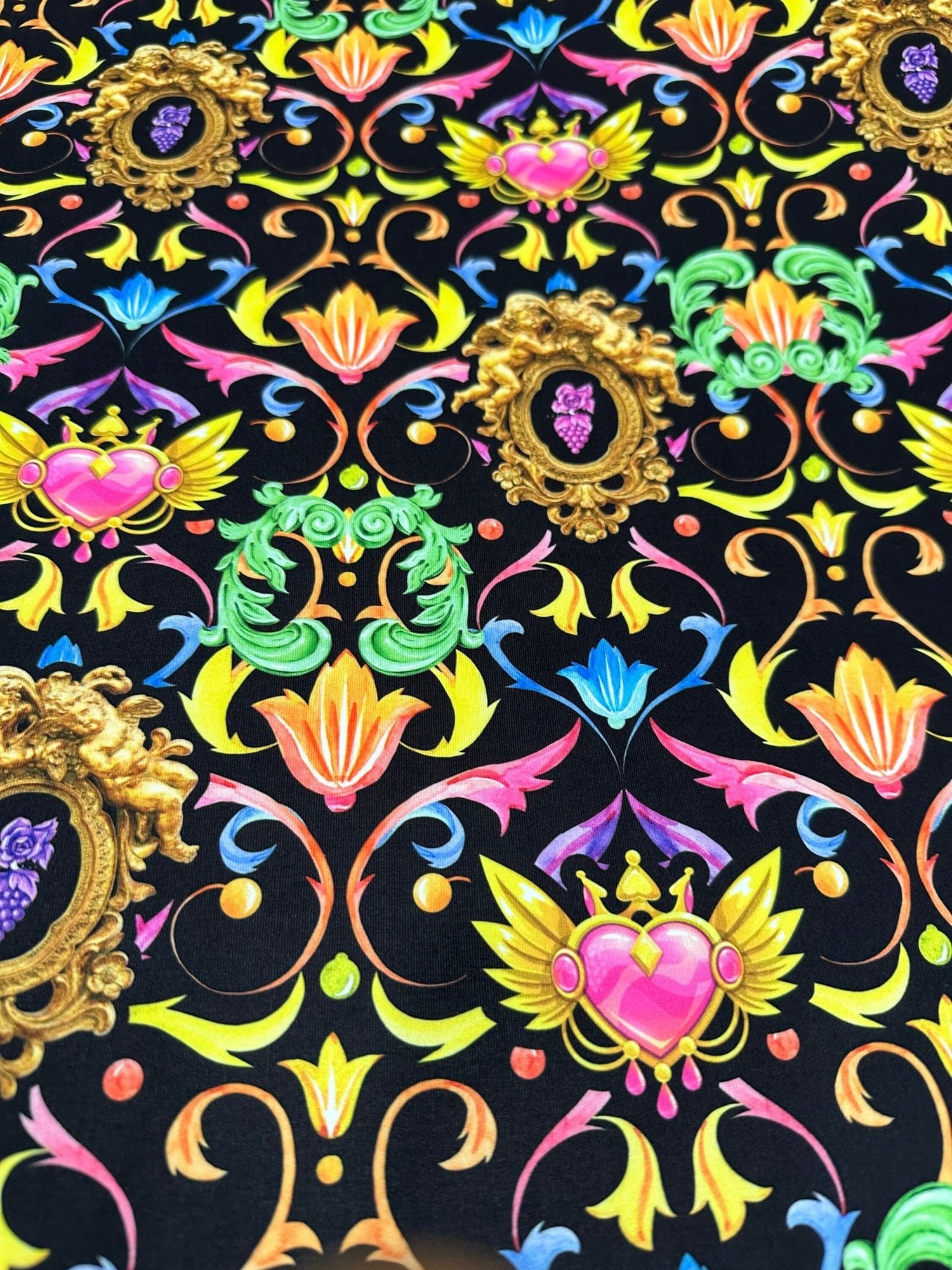Luxury Baroque Fabri, Vibrant Ornate Floral & Heart Pattern on Black - Whotex Online Fabric Store