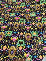 Luxury Baroque Fabri, Vibrant Ornate Floral & Heart Pattern on Black - Whotex Online Fabric Store
