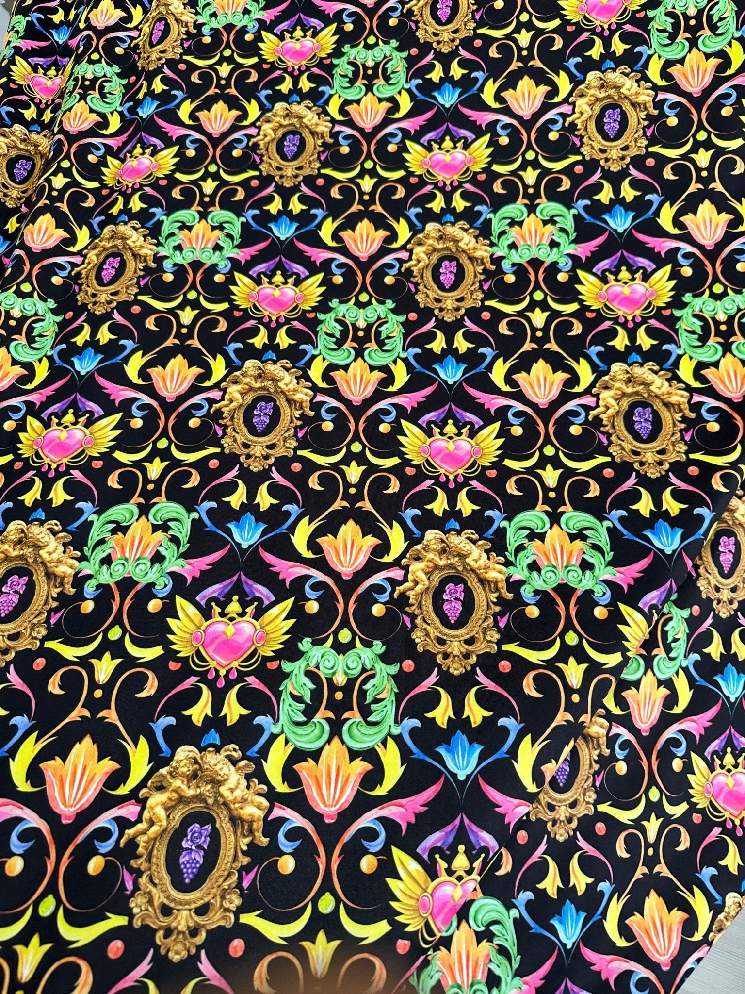 Luxury Baroque Fabri, Vibrant Ornate Floral & Heart Pattern on Black - Whotex Online Fabric Store