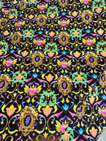 Luxury Baroque Fabri, Vibrant Ornate Floral & Heart Pattern on Black - Whotex Online Fabric Store