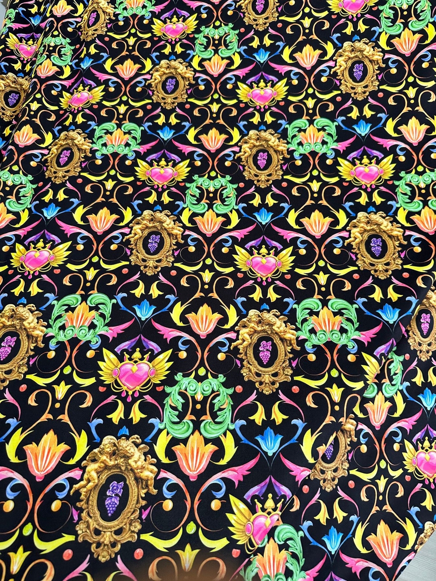 Luxury Baroque Fabri, Vibrant Ornate Floral & Heart Pattern on Black - Whotex Online Fabric Store
