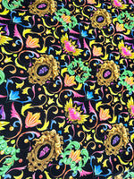 Luxury Baroque Fabri, Vibrant Ornate Floral & Heart Pattern on Black - Whotex Online Fabric Store