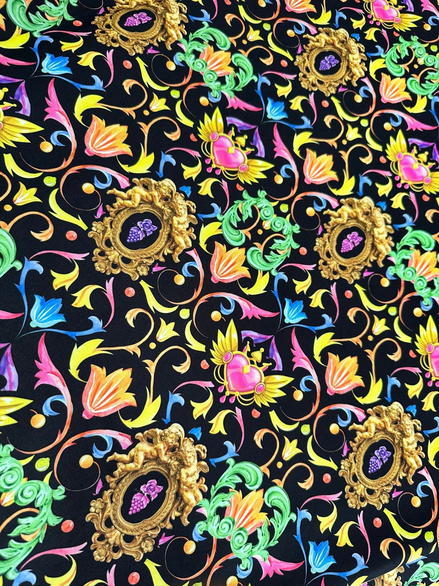 Luxury Baroque Fabri, Vibrant Ornate Floral & Heart Pattern on Black - Whotex Online Fabric Store