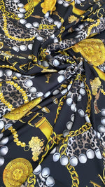 Luxury Baroque Fabric – Gold Chain, Leopard, and Pearl Print on Black Background - Whotex Online Fabric Store