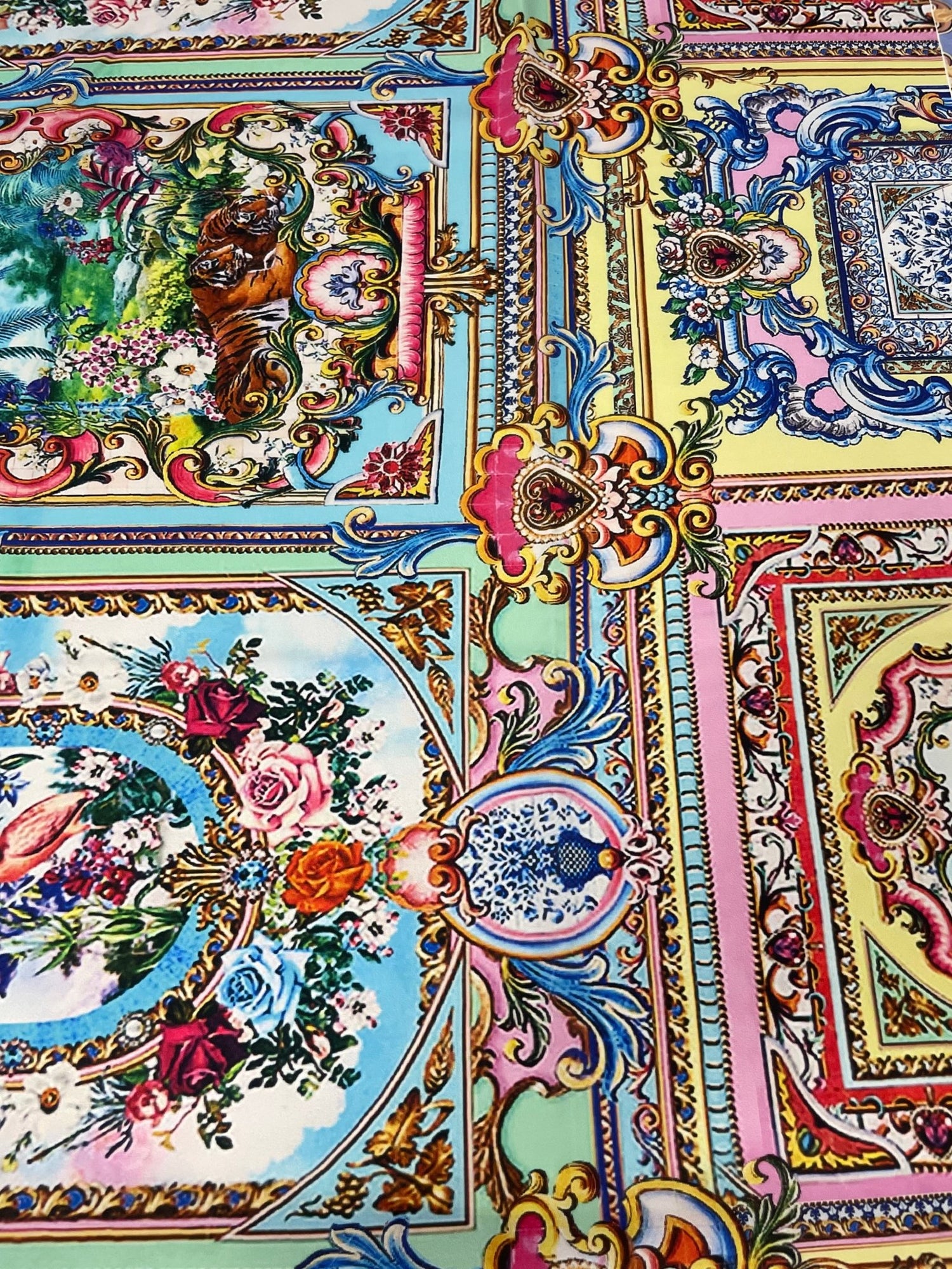 Luxury Baroque Fabric – Multicolor Ornamental Print with Floral and Tiger Motifs - Whotex Online Fabric Store