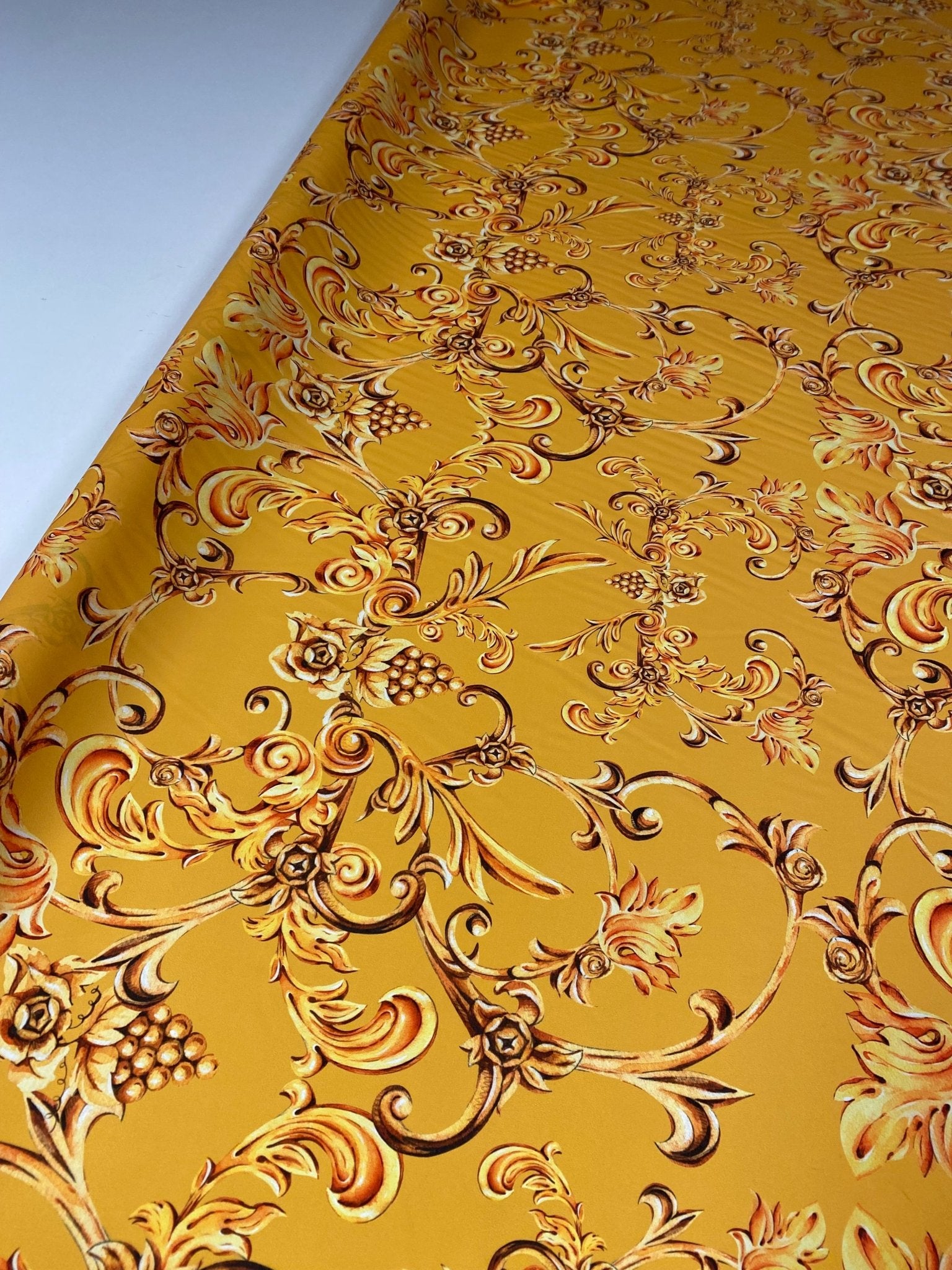 Luxury Baroque Floral Crepe Fabric by the Metre – Golden Yellow - Whotex Online Fabric Store