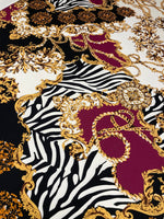 Luxury Baroque Zebra Chain Fabric – Burgundy and Gold Pattern on Soft Material - Whotex Online Fabric Store