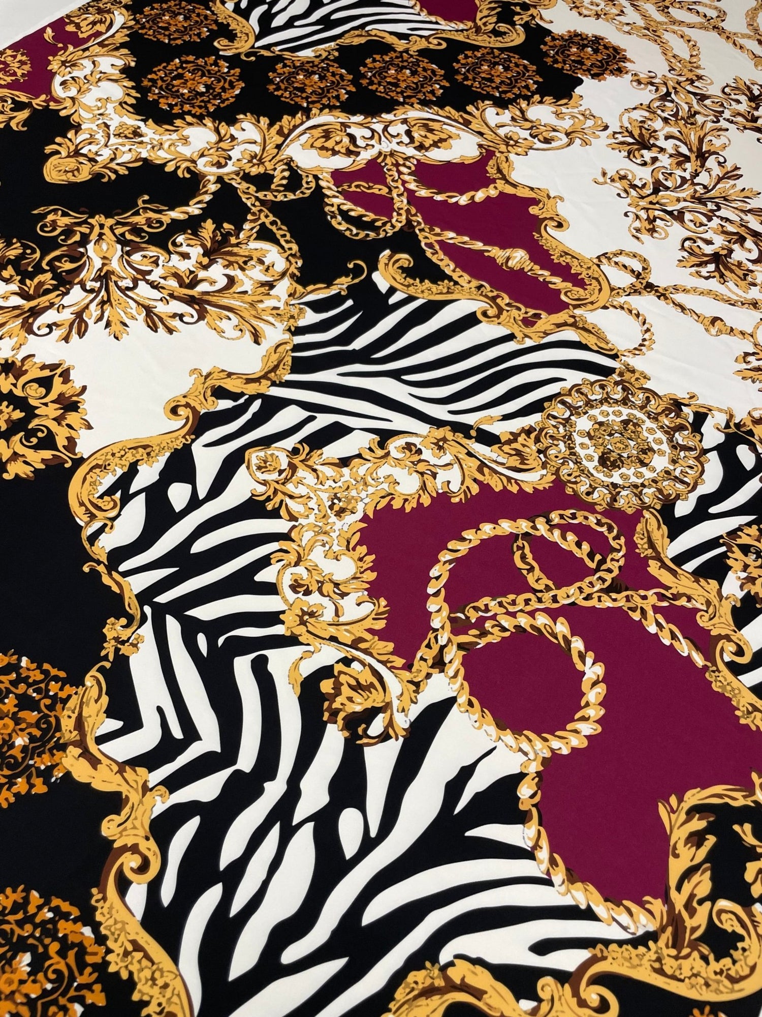 Luxury Baroque Zebra Chain Fabric – Burgundy and Gold Pattern on Soft Material - Whotex Online Fabric Store