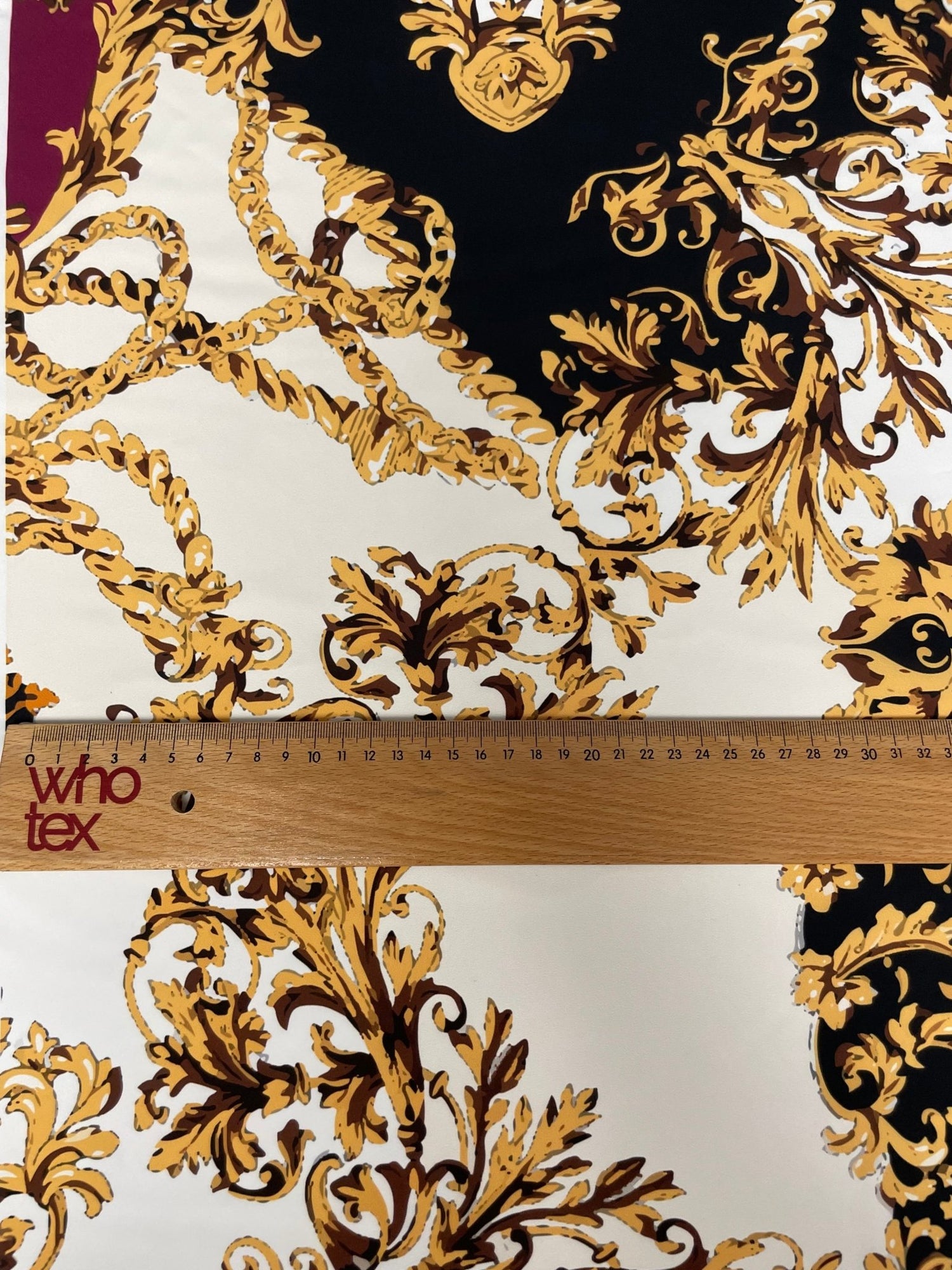 Luxury Baroque Zebra Chain Fabric – Burgundy and Gold Pattern on Soft Material - Whotex Online Fabric Store