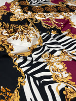 Luxury Baroque Zebra Chain Fabric – Burgundy and Gold Pattern on Soft Material - Whotex Online Fabric Store