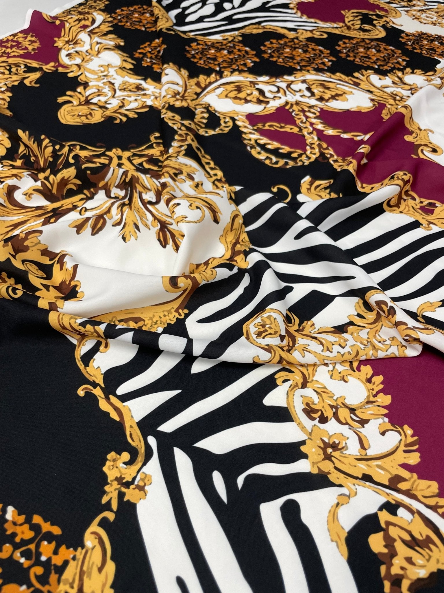 Luxury Baroque Zebra Chain Fabric – Burgundy and Gold Pattern on Soft Material - Whotex Online Fabric Store