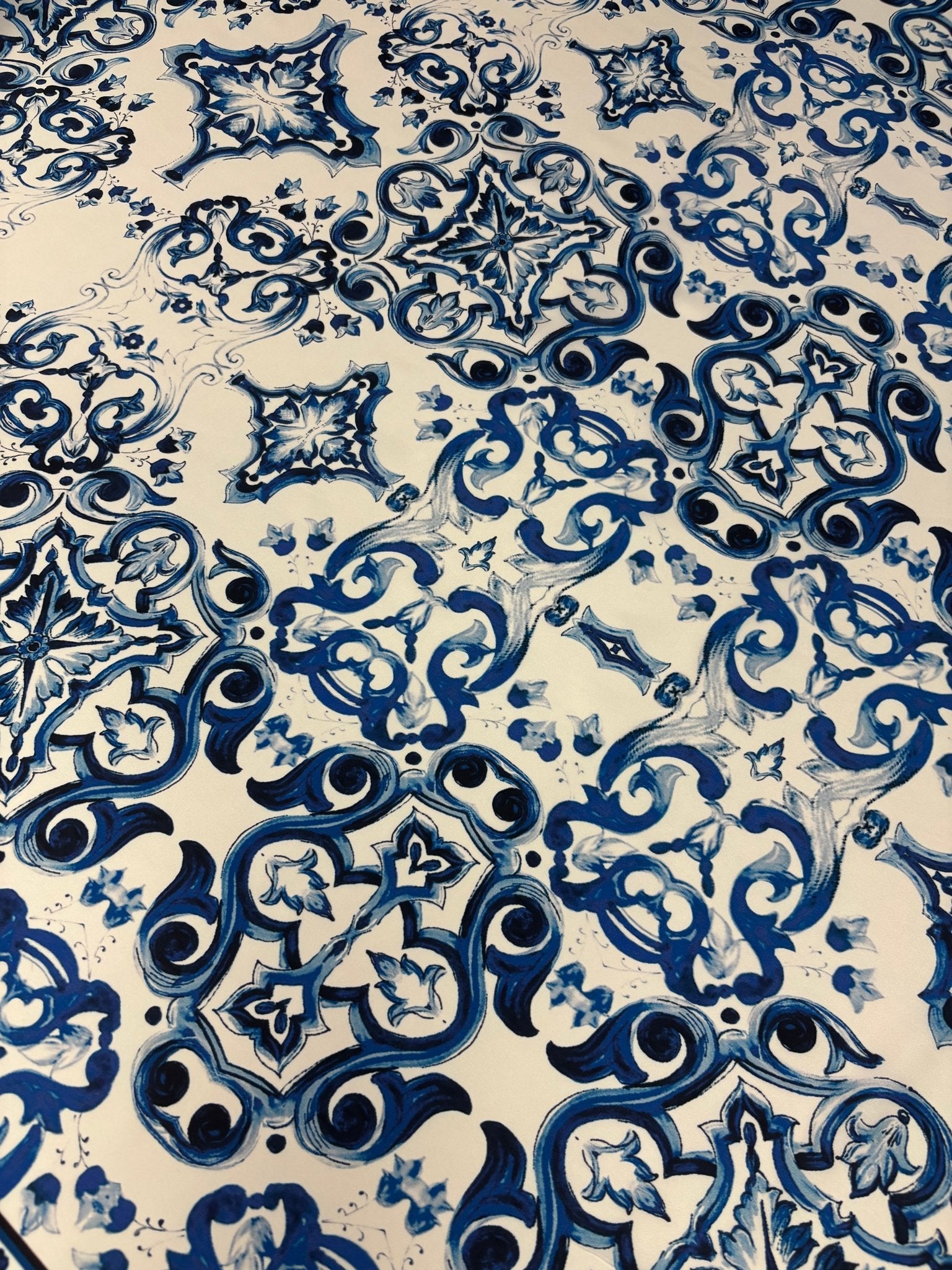 Luxury Blue & White Chiffon Satin Fabric by the Metre – Baroque Tile Print - Whotex Online Fabric Store
