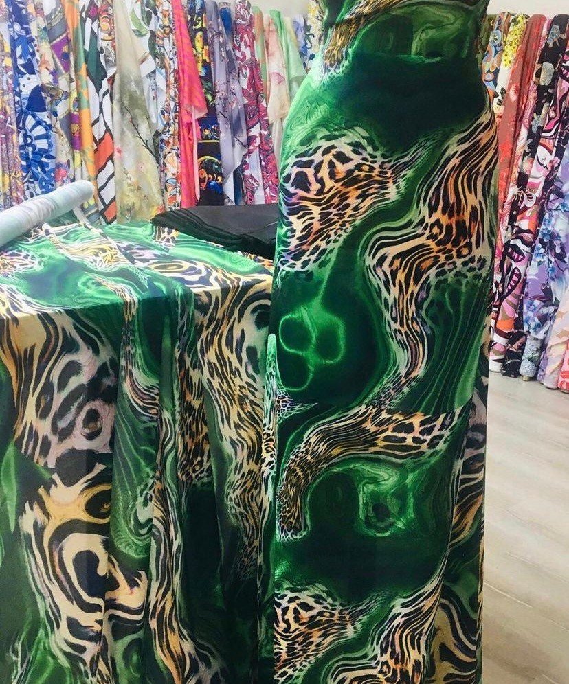 Luxury Green Leopard Print Fabric, Exotic Animal Pattern with Emerald Swirls - Whotex Online Fabric Store