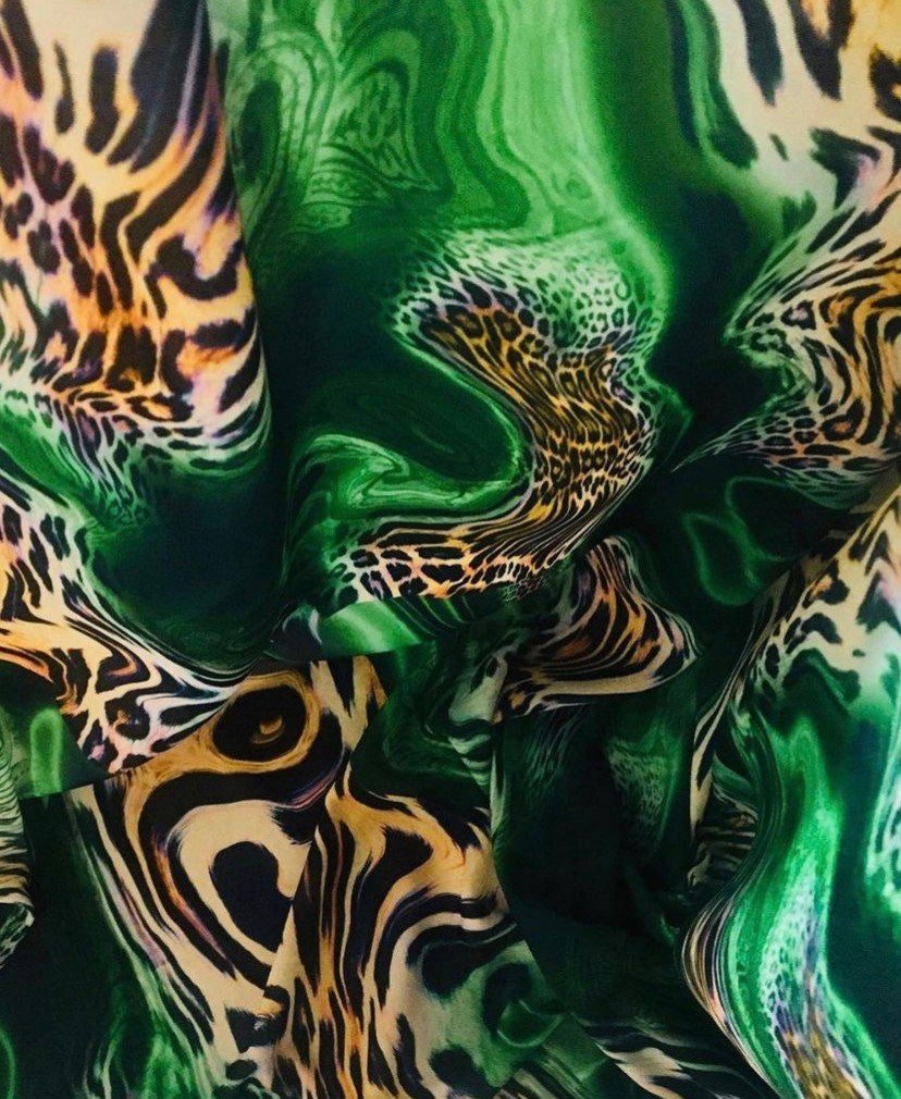 Luxury Green Leopard Print Fabric, Exotic Animal Pattern with Emerald Swirls - Whotex Online Fabric Store