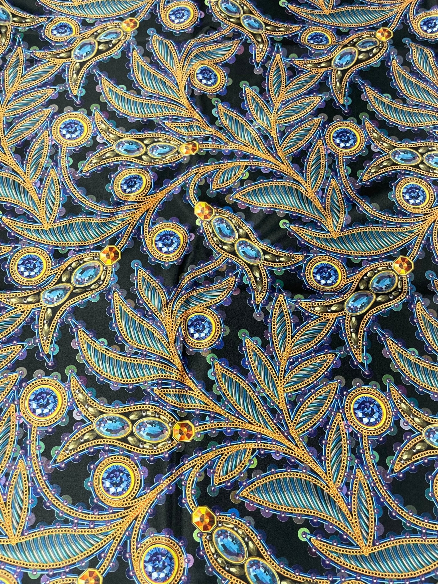 Luxury Peacock Feather Fabric with Jewel Accents – Elegant Ornamental Textile Design - Whotex Online Fabric Store