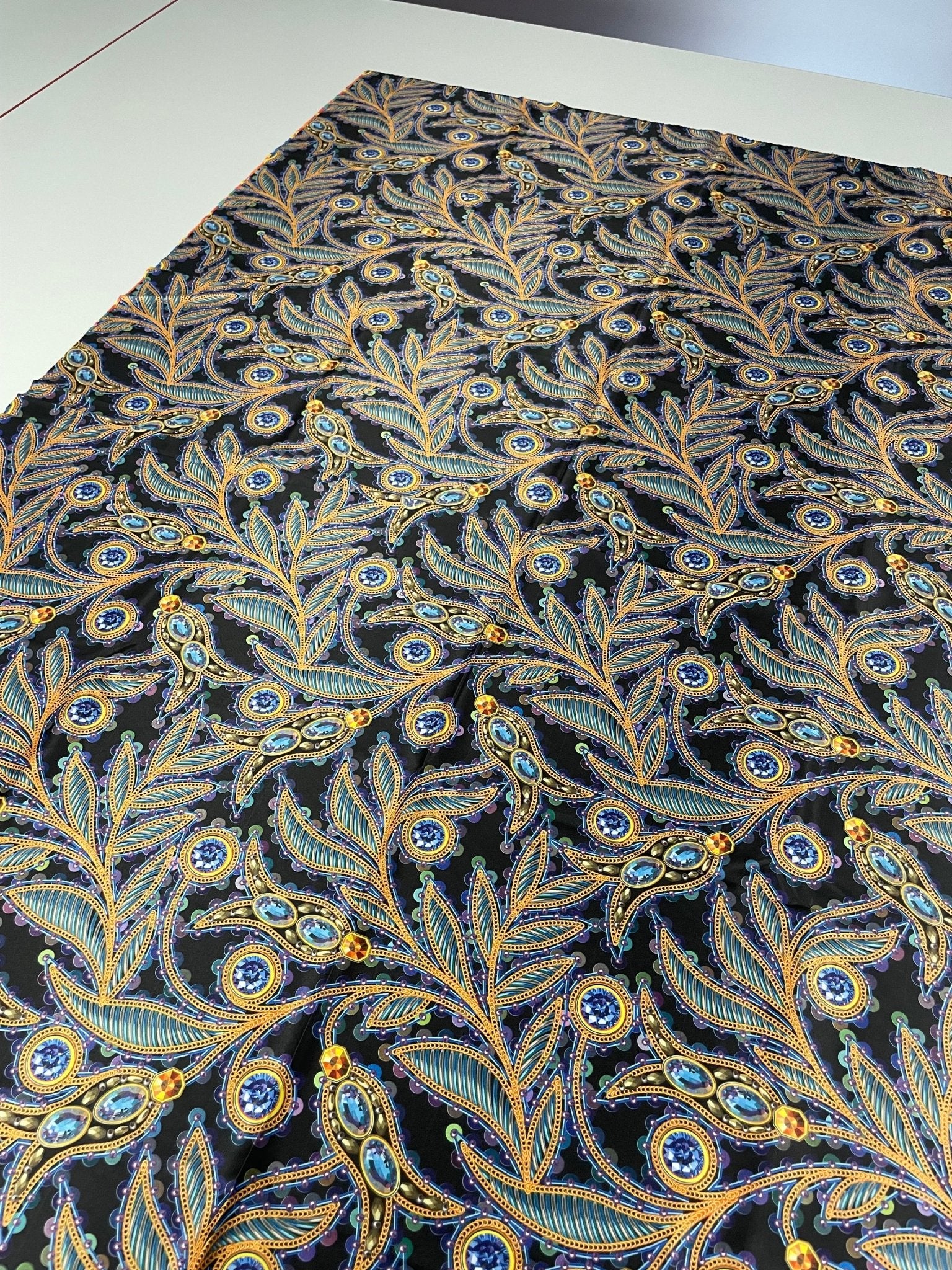 Luxury Peacock Feather Fabric with Jewel Accents – Elegant Ornamental Textile Design - Whotex Online Fabric Store