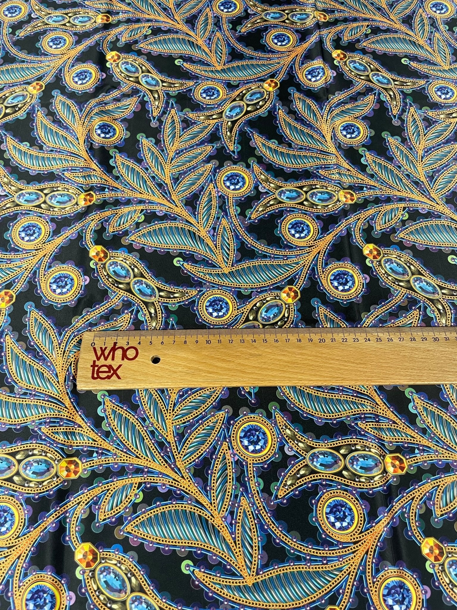 Luxury Peacock Feather Fabric with Jewel Accents – Elegant Ornamental Textile Design - Whotex Online Fabric Store