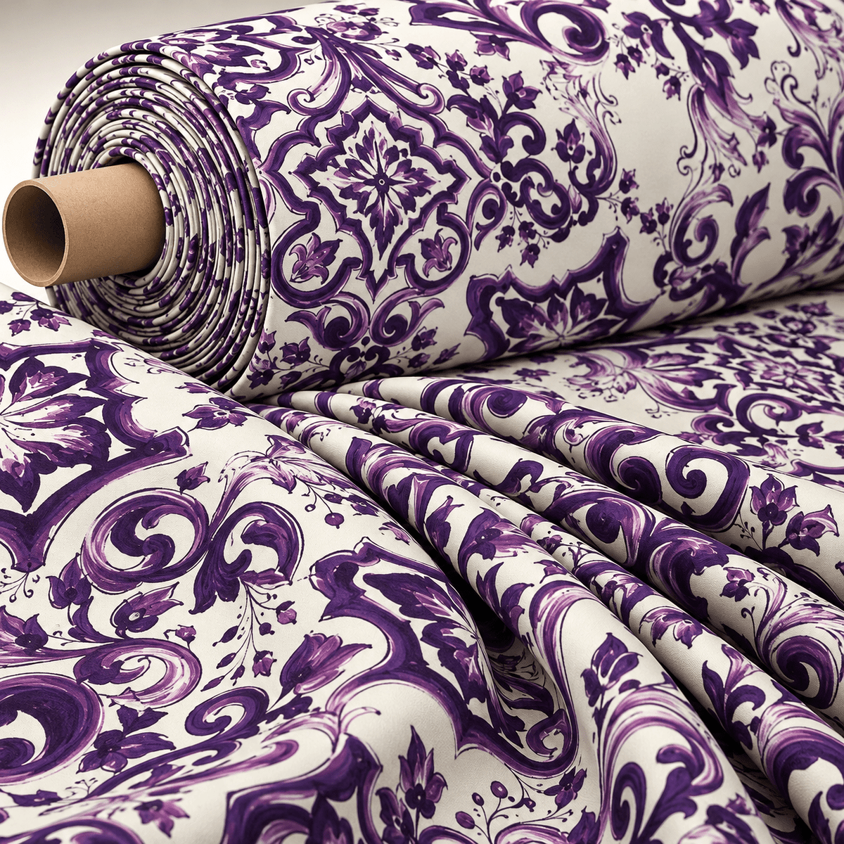 Majolica Floral Scroll Purple White Fabric by the Metre - Whotex Fabrics London