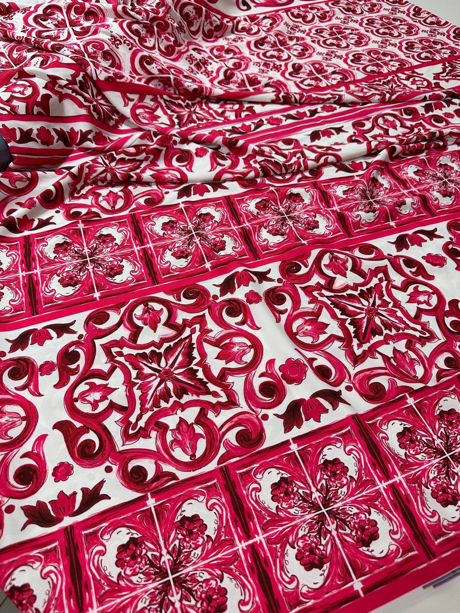 Majolica Pattern Fabric, Pink Sicilian print Silky Crepe Fabric , - Whotex