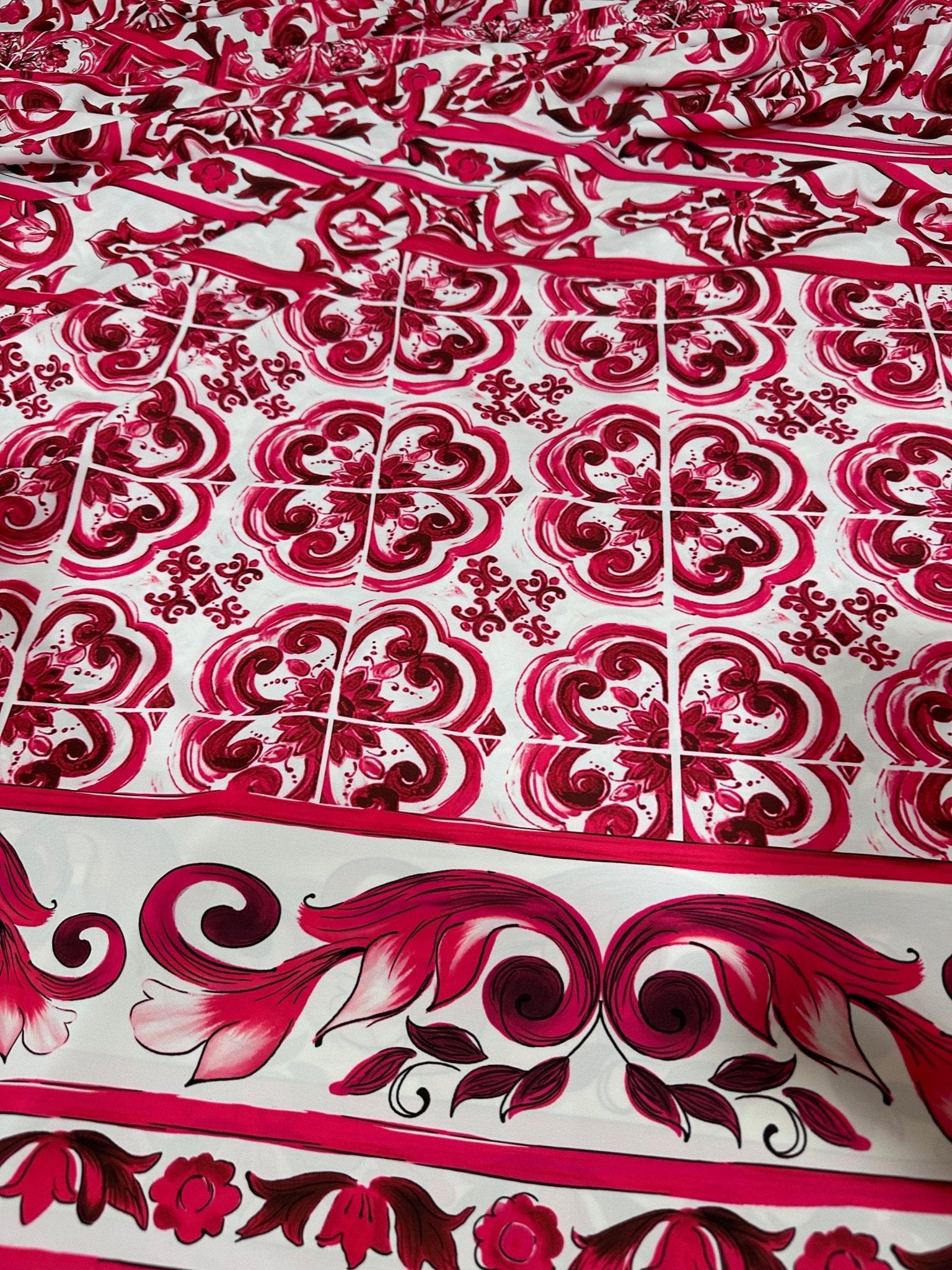 Majolica Pattern Fabric, Pink Sicilian print Silky Crepe Fabric , - Whotex