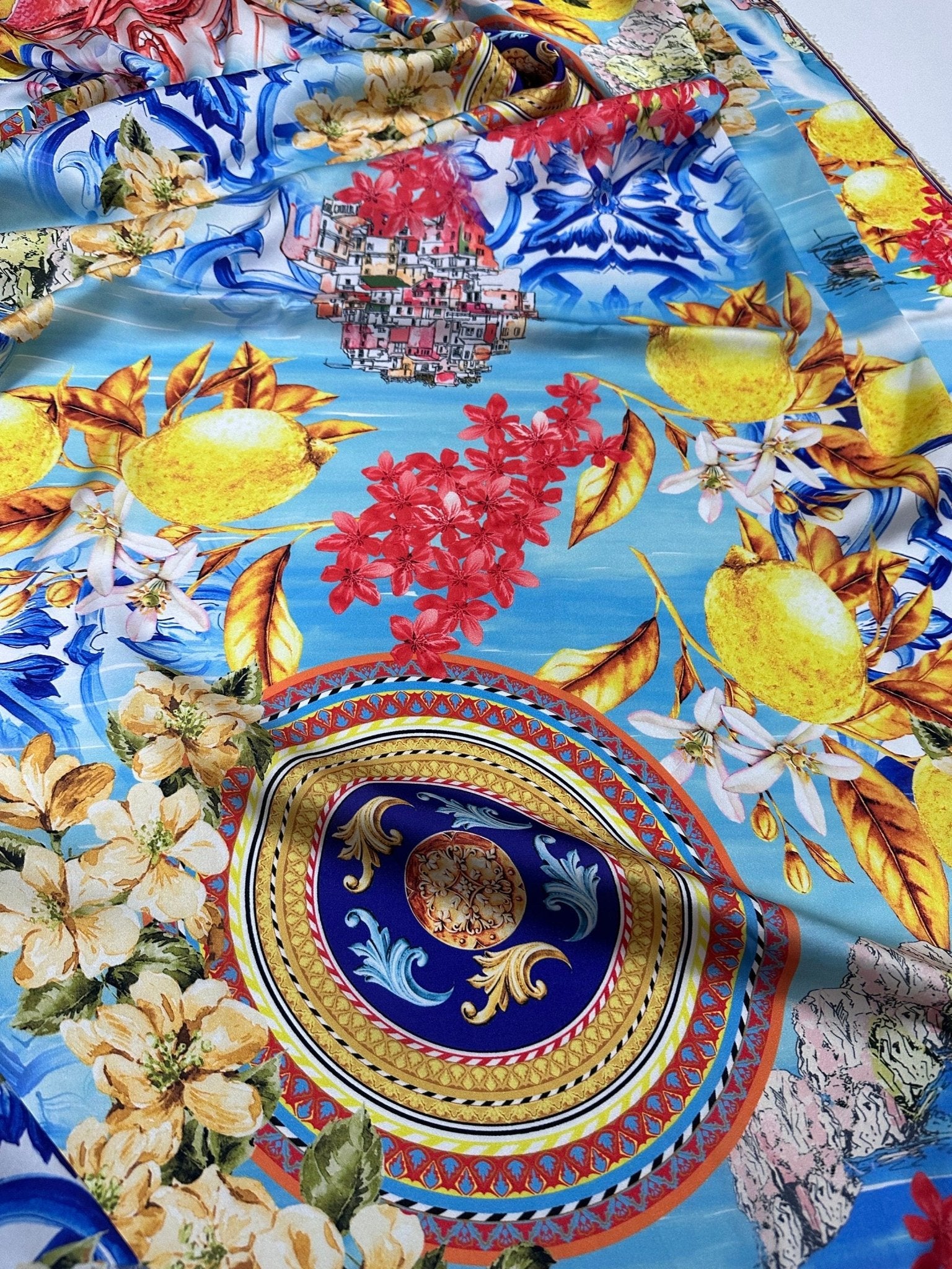 Majolica Pattern Fabric,Sicilian print Silky Crepe Fabric , - Whotex