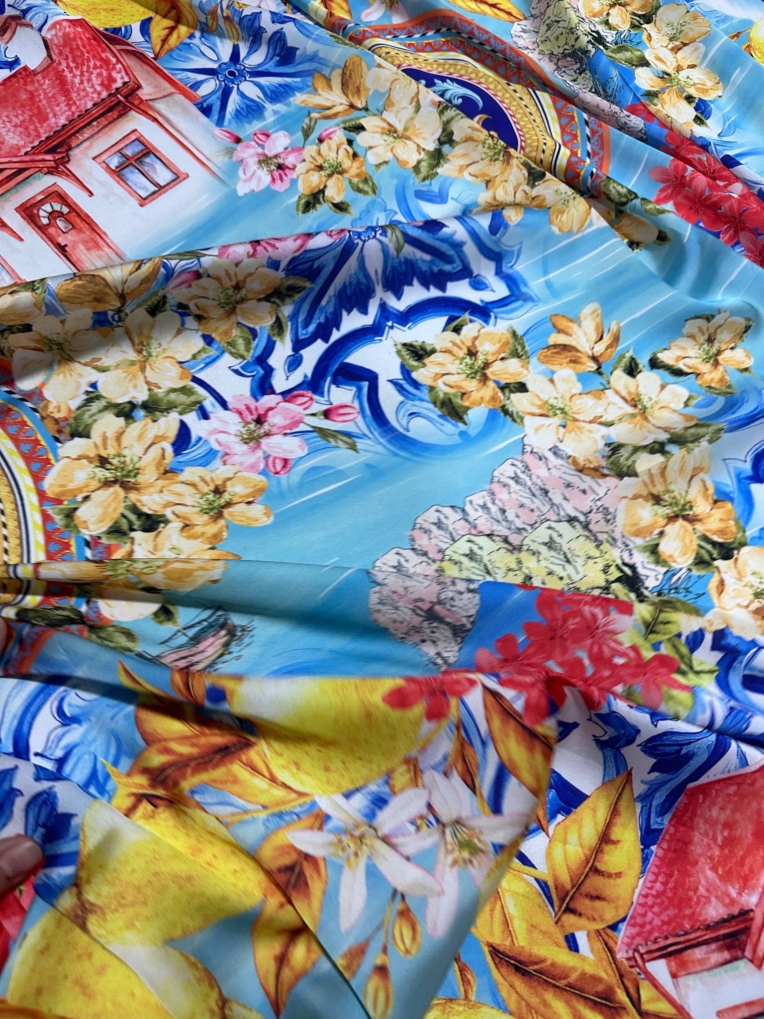 Majolica Pattern Fabric,Sicilian print Silky Crepe Fabric , - Whotex