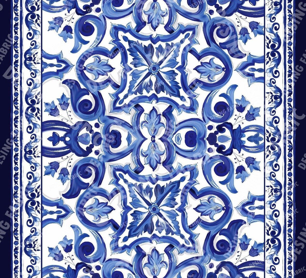 Majolica Pattern Linen Fabric, Blue and white Fabric - Whotex Online Fabric Store
