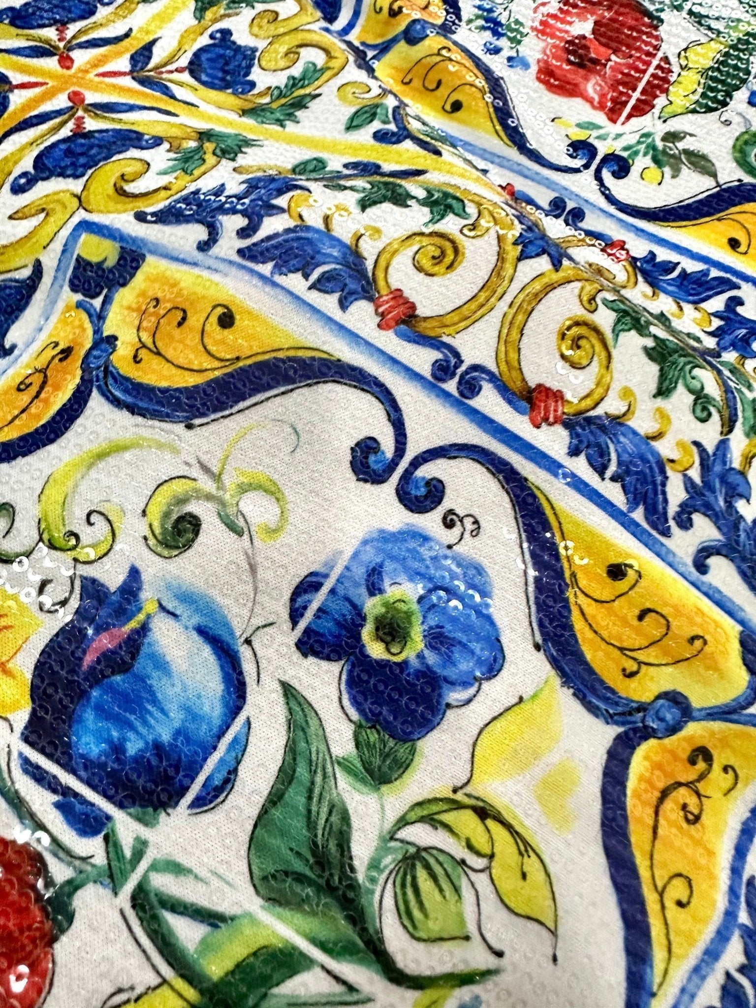Majolica Pattern Sequin Fabric, 2 - Way Stretch Sequin Fabric By The Yard - Whotex Online Fabric Store