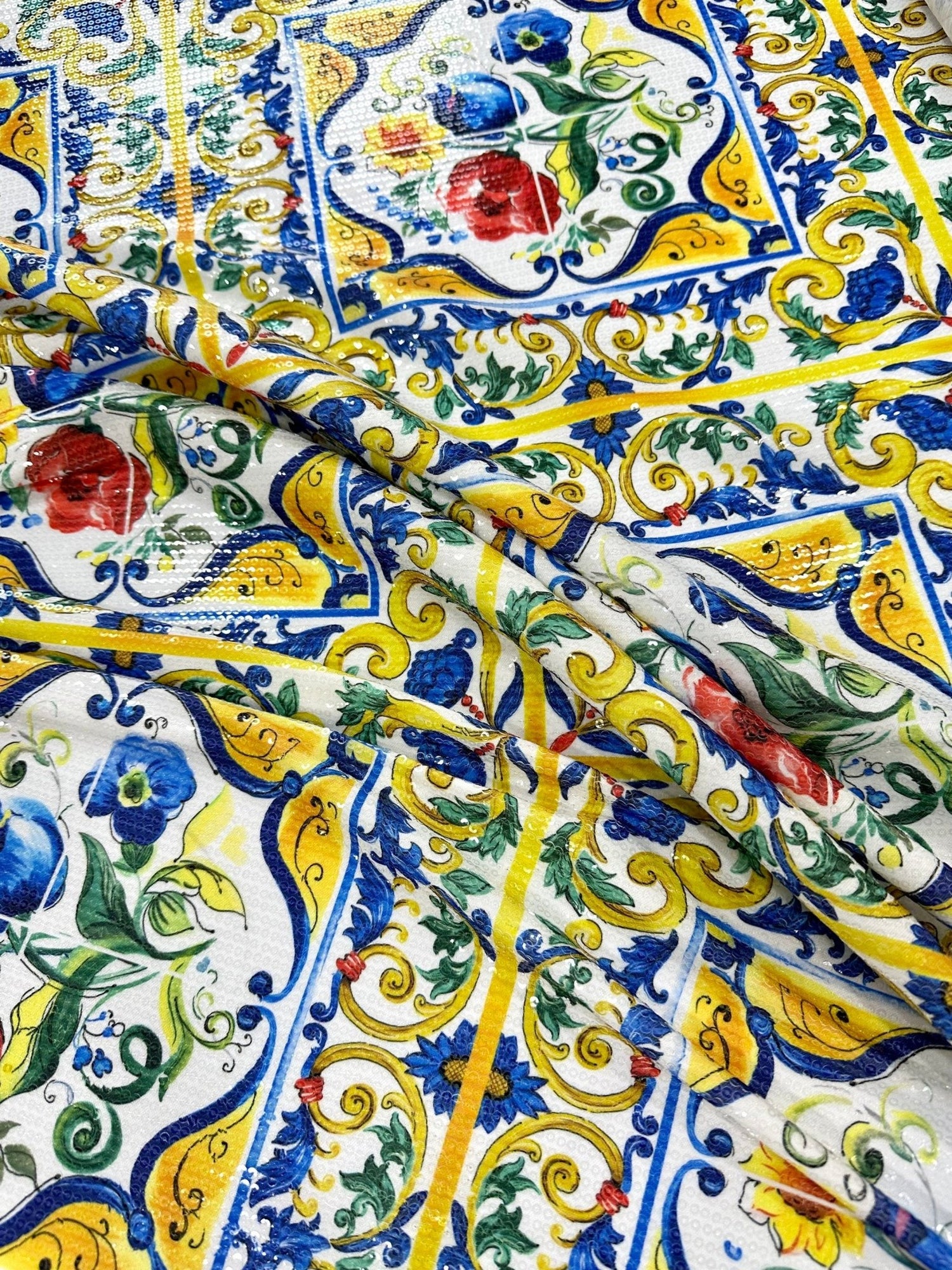 Majolica Pattern Sequin Fabric, 2 - Way Stretch Sequin Fabric By The Yard - Whotex Online Fabric Store