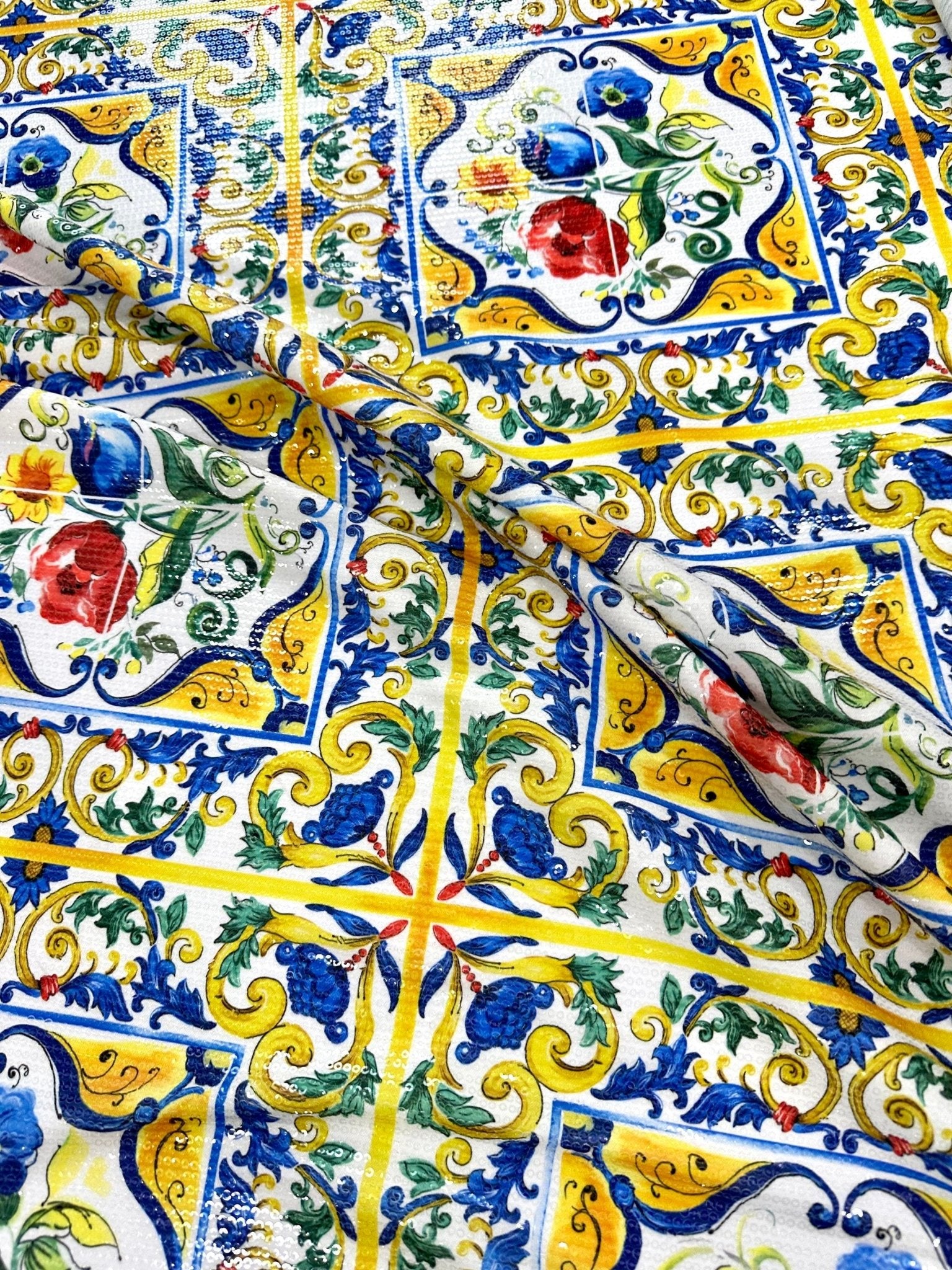 Majolica Pattern Sequin Fabric, 2 - Way Stretch Sequin Fabric By The Yard - Whotex Online Fabric Store