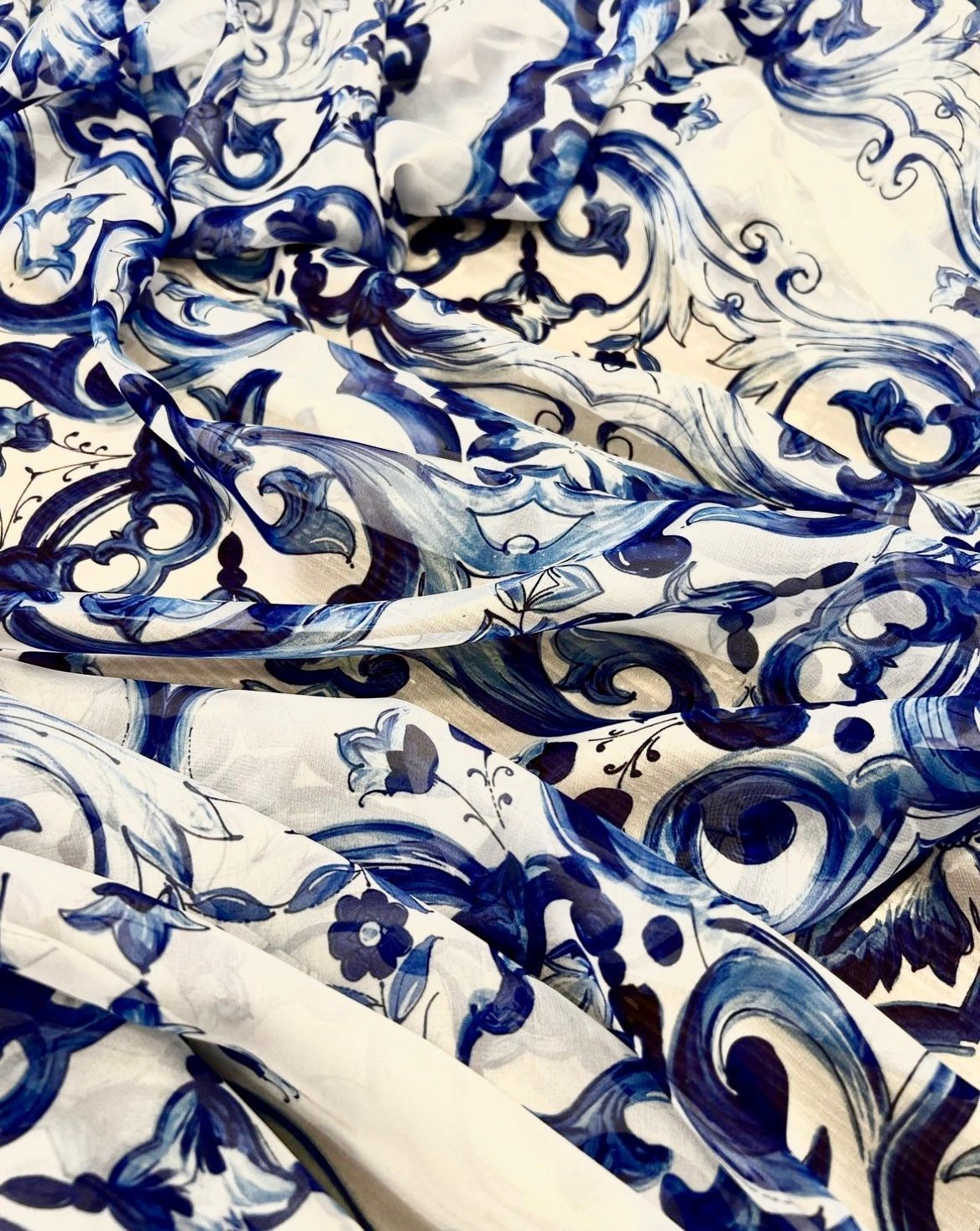 Majolica Pattern Silky Chiffon Fabric, - Whotex