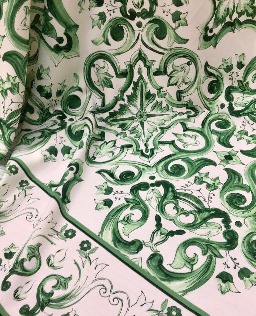 Majolica Pattern Silky Crepe Fabric, Green White Swirl fabric - Whotex