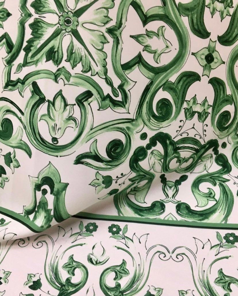 Majolica Pattern Silky Crepe Fabric, Green White Swirl fabric - Whotex