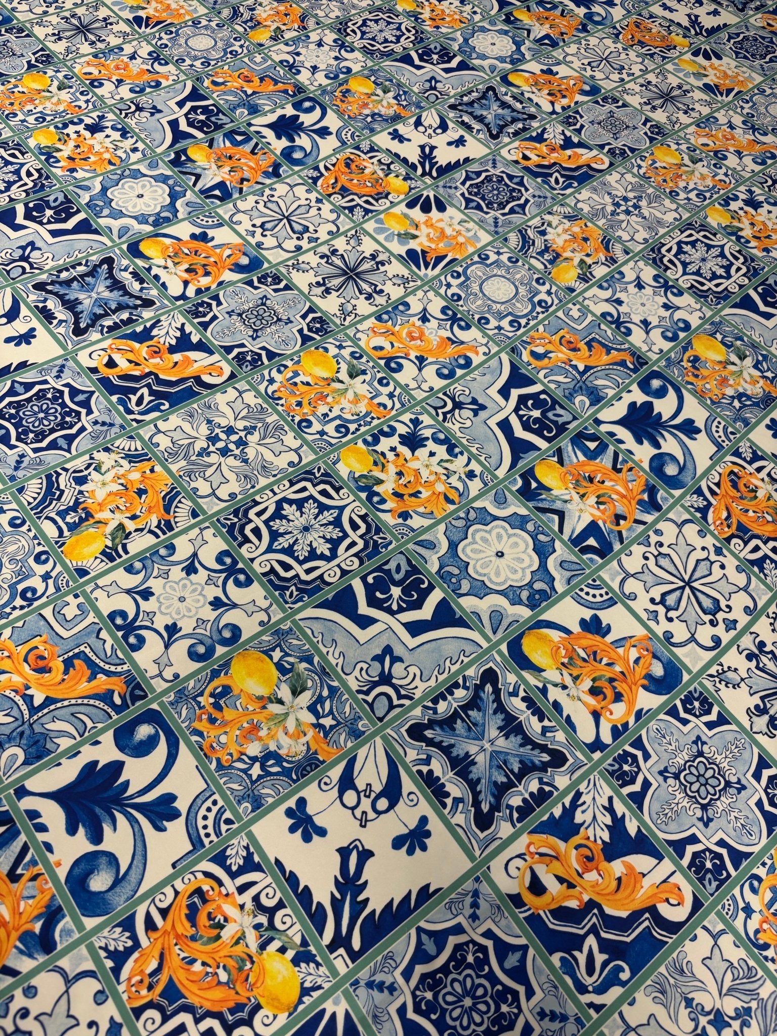 Mediterranean Tile & Lemon Print Chiffon Satin Fabric by the Metre - Whotex Online Fabric Store